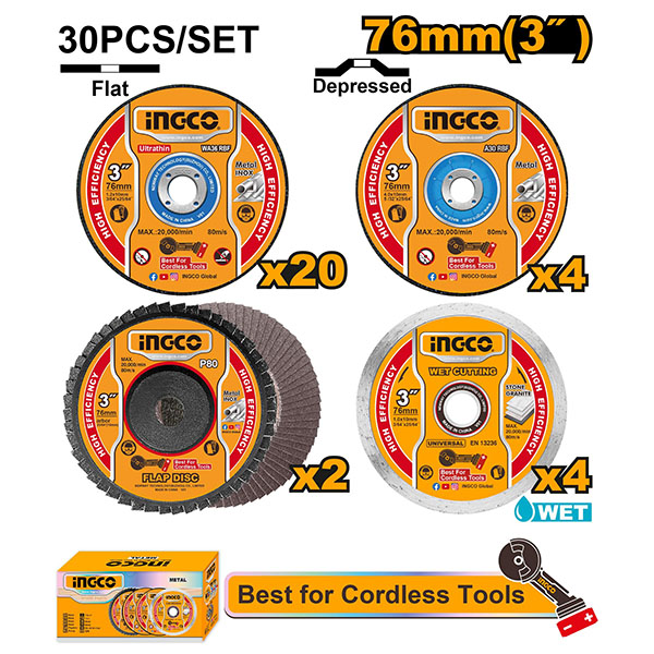 Bộ 30 đá cắt, đá mài và nhám xếp 76mm(3") Ingco MCD07630