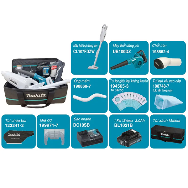 Combo máy hút bụi và máy thổi dùng pin 12V Max Makita CLX246SAX2