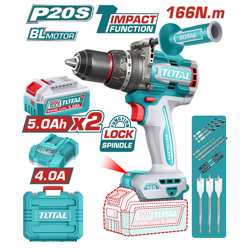 Máy khoan động lực 166 N.m dùng pin 20V Total TIDLI201668 (2 Pin 5.0Ah, 1 Sạc)