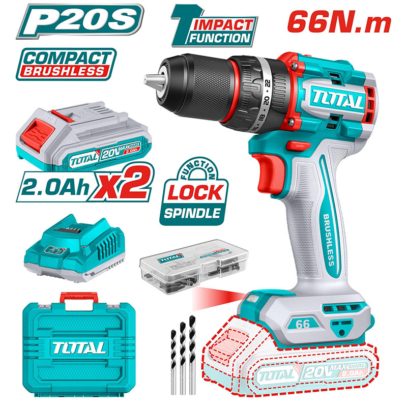 Máy khoan động lực dùng pin 20V Total TIDLI20668 (Kèm 2 Pin 1 Sạc)