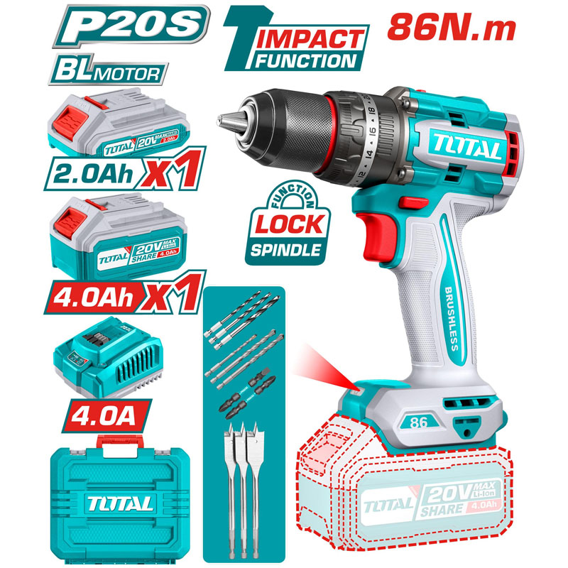 Máy khoan động lực dùng pin 20V Total TIDLI20868 (1 Pin 2.0Ah, 1 Pin 4.0Ah)