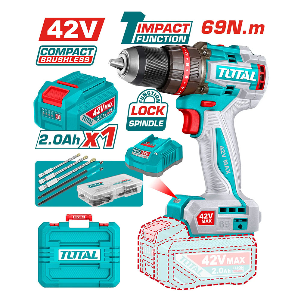 Máy khoan động lực dùng pin 42V Total TIDLI426981 (1 Pin 2.0Ah, 1 Sạc)