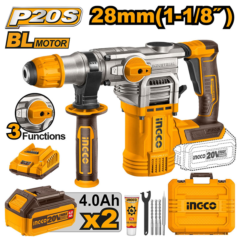 Máy khoan đục bê tông dùng pin 20V Ingco CRHLI202882 (2 Pin 4Ah & Sạc)
