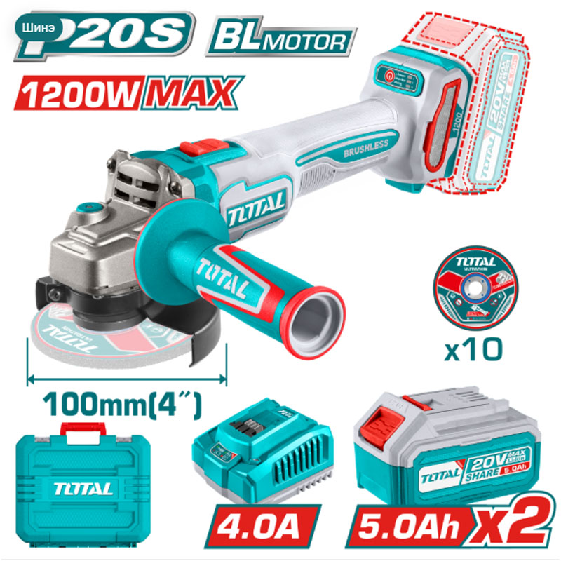 Máy mài góc dùng pin 20V Total TAGLI2210032 (2 Pin 5.0Ah, 1 Sạc)