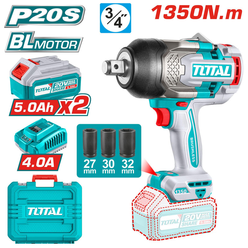 Máy siết bu lông 3/4" dùng pin 20V Total TIWLI20135 (2 Pin 5.0Ah, 1 Sạc)