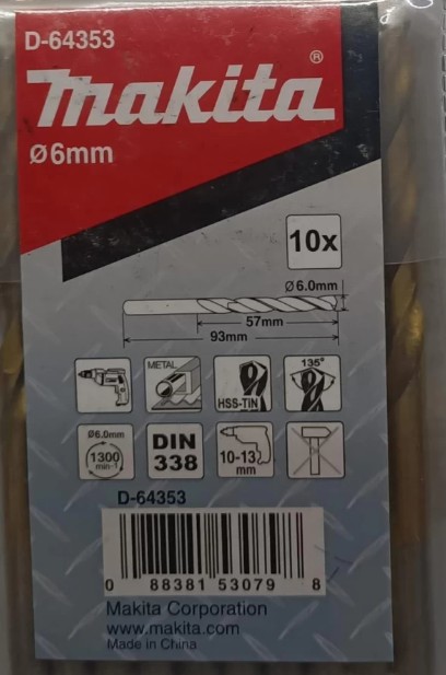 D-64353 Mũi Khoan Kim Loại HSS-Tin Loại Kinh Tế (6x93mm) 10Pcs