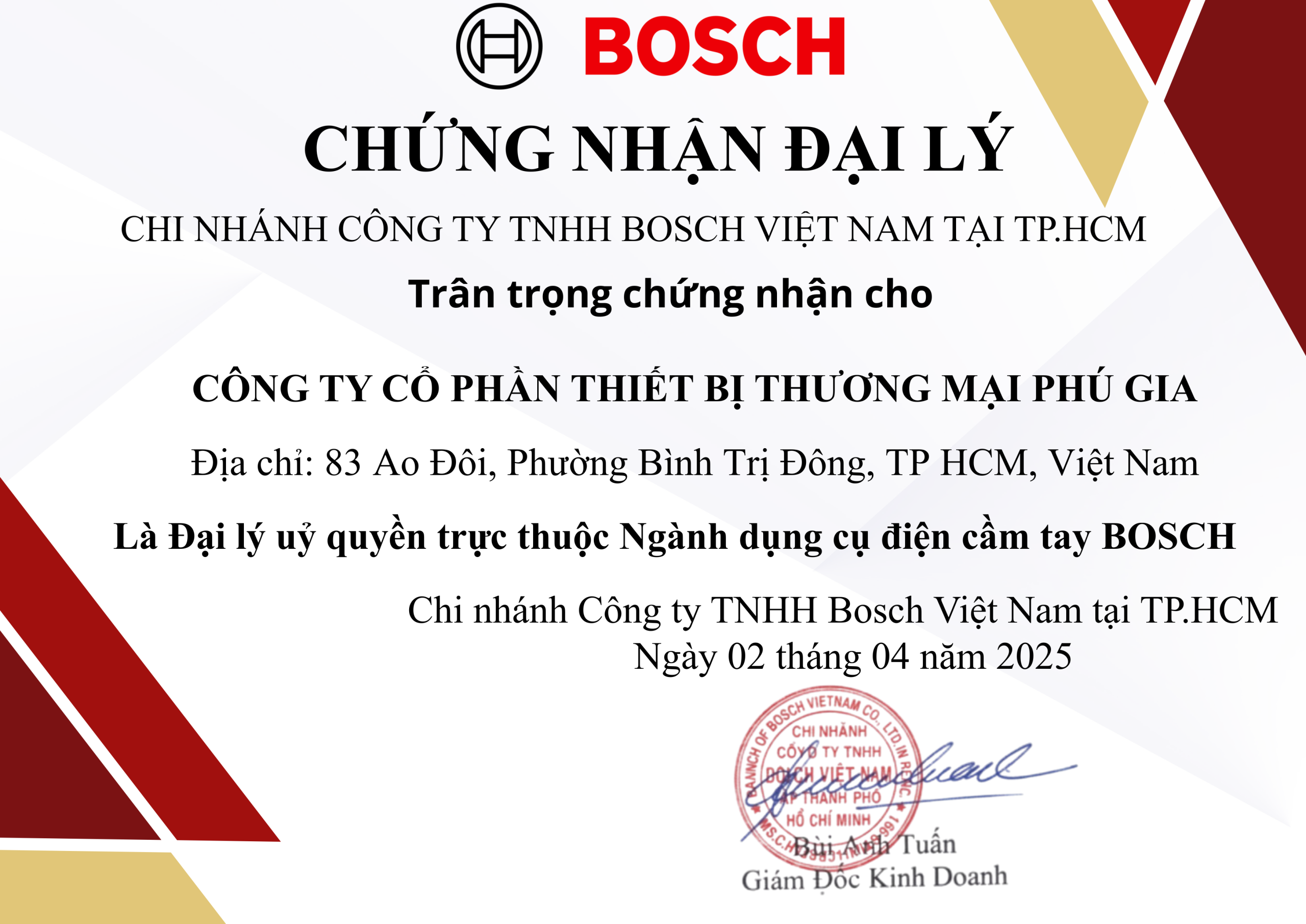 Chứng Nhận Bosch - Phú Gia